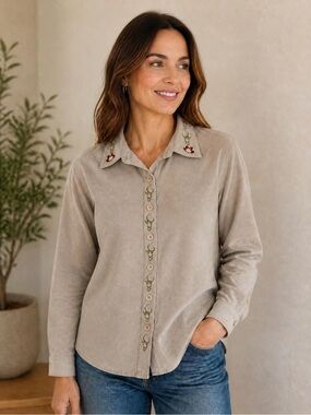 Vintage breckenridge Taupe Embroidered-Collar Button Down Shirt